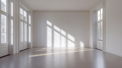 Fototapeta premium Bright, spacious living room with white walls and large windows casting shadows