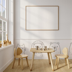 Single Frame Wall Art Mockup in Minimalist Kids Room with Wooden Animal Decor – Centered Front View
