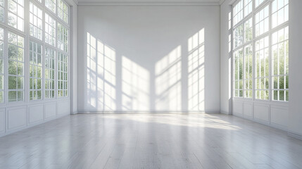 Fototapeta premium Bright, spacious, empty room with large windows and natural light creating shadows