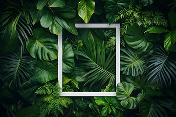 White frame amidst a vibrant arrangement of tropical leaves.