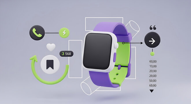 Innovative 3D Smartwatch with Interactive UI Elements and Digital Lifestyle Icons on a Clean Background

