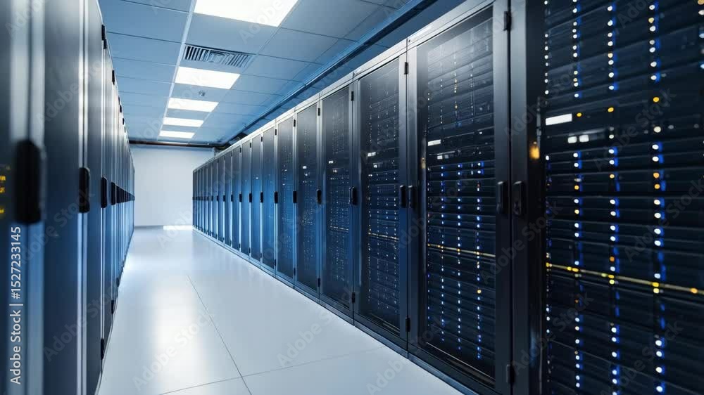 Poster data center corridor with rows of server racks and blinking lights in a clean, secure facility for c