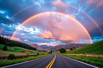 Majestic Double Rainbow Arching Over Scenic Country Road and Rolling Hills at Sunset