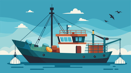 Naklejka premium A large fishing trawler sails back to harbor with its nets completely empty a grim reminder of the reckless exploitation of our oceans.. Vector illustration