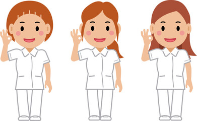 笑顔でOKサイン。白い制服の女性看護師。その2