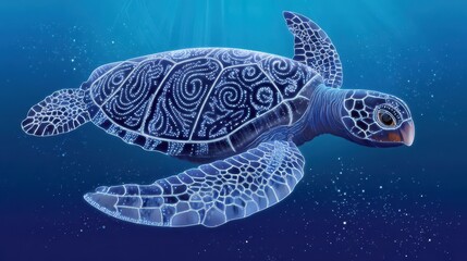 Obraz premium Detailed underwater view of a sea turtle adorned with intricate patterns.
