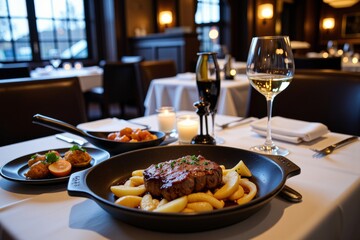 Gourmet Steak Dinner with Pears and Side Dishes at Upscale Restaurant