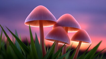 Glowing mushrooms in a sunset meadow