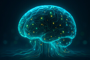 AI generated digital brain with glowing circuit lines symbolizes advanced artificial intelligence, data processing, and futuristic cognitive technology in a sci-fi atmosphere.