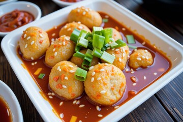 Delicious Sesame Crusted Fish Balls in Spicy Gochujang Sauce