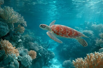 Obraz premium Majestic Sea Turtle Gracefully Swimming Amidst Vibrant Coral Reef in Turquoise Ocean Waters