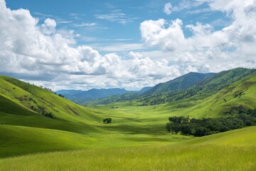 Fototapeta premium Serene Rolling Hills Landscape Under a Bright Blue Sky with Fluffy White Clouds