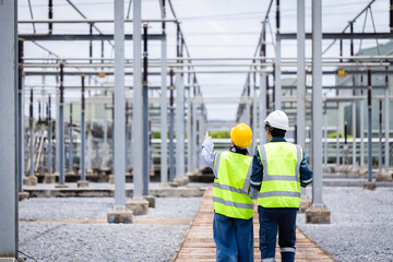 Naklejka premium Engineer is working at high voltage power substation wearing safety gear while conducting inspection and check of electrical infrastructure to ensure proper operation and safety