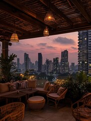 Rooftop lounge at sunset, city view
