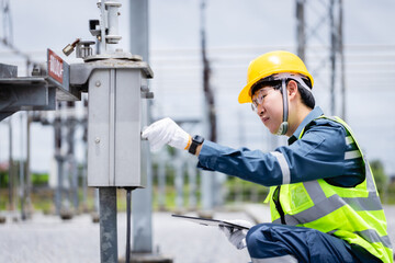 Engineer is working at high voltage substation performing inspection and check on power infrastructure to ensure safety and reliability in electrical system