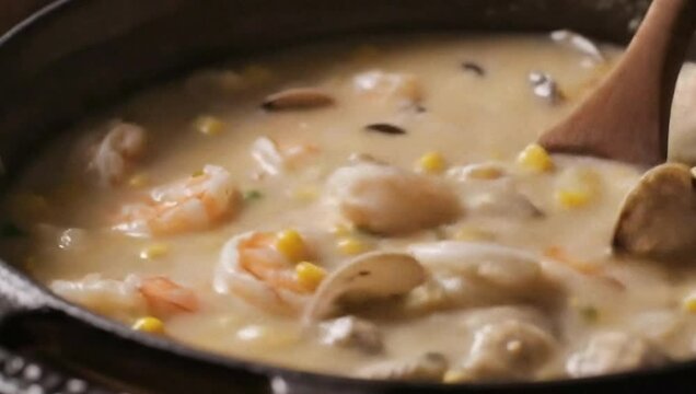 Seafood chowder stirred, shrimp, clams, soft light, rustic pot