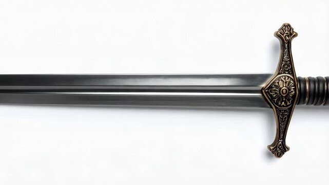 Detailed, horizontal view of a sharp medieval style broadsword featuring a decorative hilt and a steel blade, isolated on white.