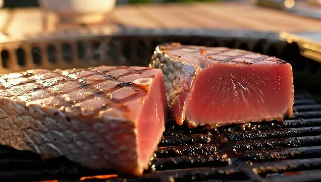 Tuna steak sears, pink center, grill marks, warm light, coastal table