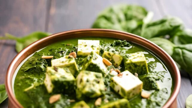 Delicious palak paneer curry in a copper bowl, a traditional North Indian vegetarian spinach dish with cheese cubes.