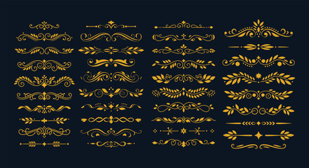 Luxurious Golden Flourish Dividers, An Exquisite Collection of Elegant Decorative Horizontal Border Ornaments, Perfect for Adding Vintage Charm and Sophistication to Any Design Project