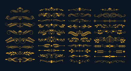 Luxurious Golden Flourish Dividers, An Exquisite Collection of Elegant Decorative Horizontal Border Ornaments, Perfect for Adding Vintage Charm and Sophistication to Any Design Project