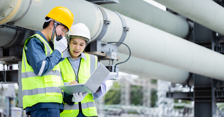 Engineer is working at high voltage power substation conducting inspection and check of...