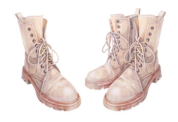 Watercolor set with grunge beige boots isolated on white background. Protective shoe for winter walk. Old retro vintage. Hand-drawn clipart for clothing shop or card. Object for wallpaper or wrapping