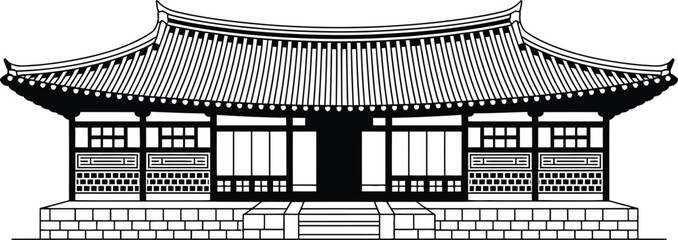 Traditional korean temple architecture black and white vector illustration design