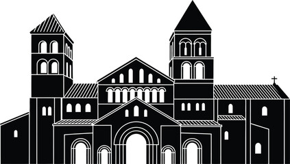 Detailed black and white illustration of a romanesque cathedral with towers and arched entrance