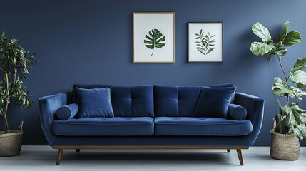stylish dark blue sofa with decorative cushions, surrounded by plants and artwork