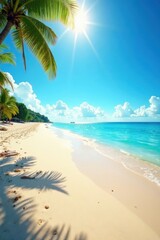 Obraz premium Sun-drenched empty beach, azure sky, fine sand , peaceful, sand
