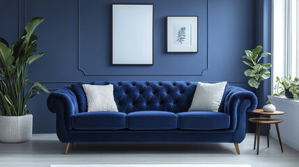 stylish dark blue sofa with plush cushions enhances modern Scandinavian living space