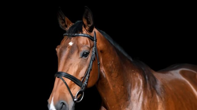 Elegant brown horse head with black mane and bridle against a dark background, showcasing the animal's beauty and grace.