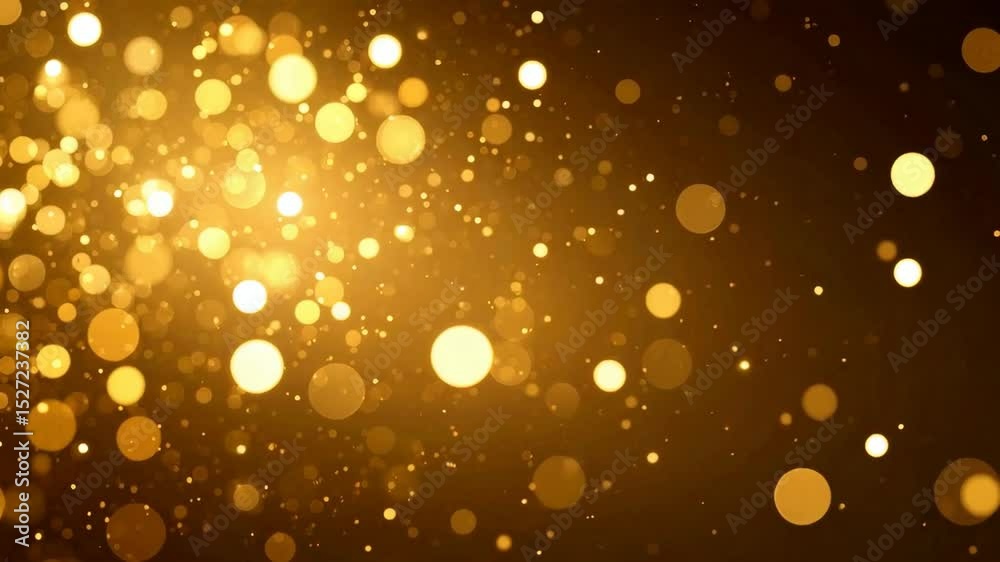 Poster golden light particles slowly floating and moving toward camera on dark background with shallow dept