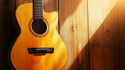 Obraz premium Acoustic guitar by a wooden wall, evoking warmth and simplicity