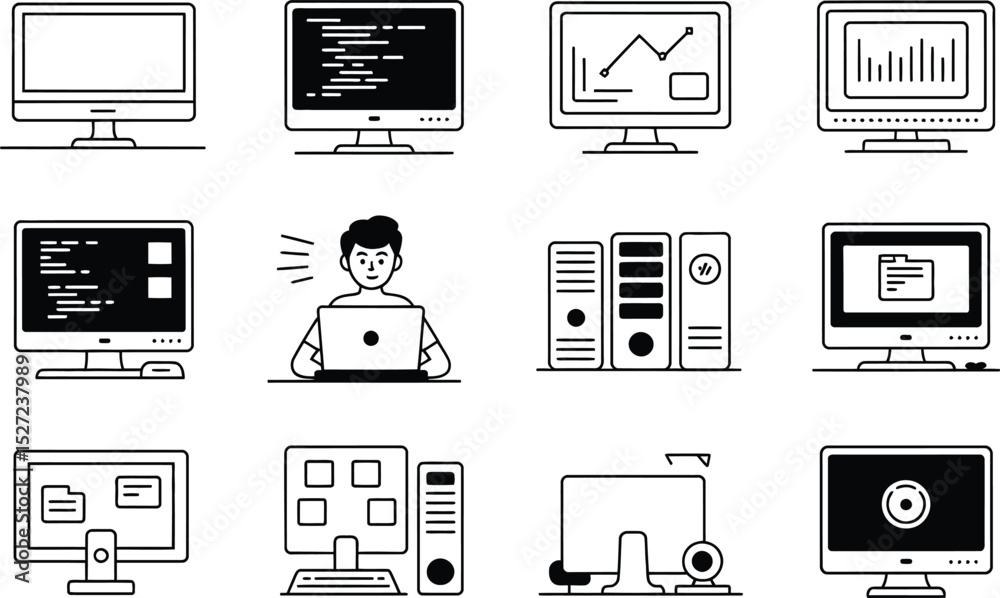 Poster vector illustration of computer icons demonstrating different work and data processing activities