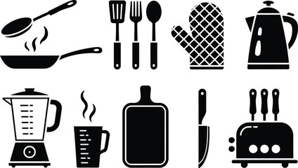 Fototapeta premium A collection of illustrated black kitchen utensils and appliances for cooking and food preparation