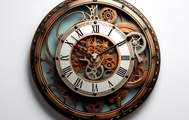 Obraz premium Vintage Timepiece: A close-up shot of a sophisticated clock showcases intricate gears and elegant roman numerals, radiating an aura of timeless allure.