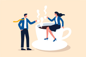 A stylized illustration depicting a coffee break featuring business colleagues enjoying a moment together over a large cup of coffee. Ideal for presentations or marketing.
