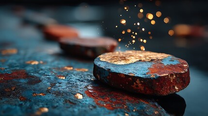 Abstract rusty metal texture with gold dust and blue paint closeup with artistic design.