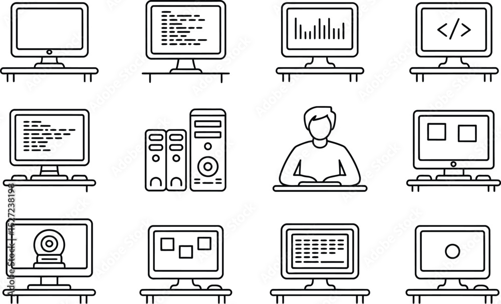 Poster collection of minimalist computer icons representing technology and software development