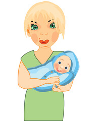 Making look younger woman with infant on white background is insulated