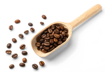 Fototapeta premium Coffee beans on wooden spoon isolated on white or transparent background