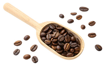 Obraz premium Coffee beans on wooden spoon isolated on white or transparent background