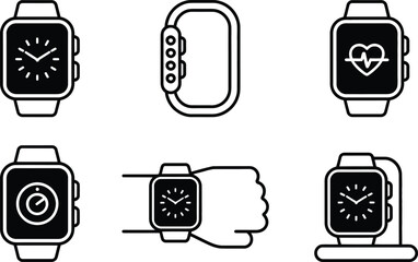 Modern smartwatch icons depicting fitness tracking and time measurement in vector format