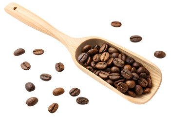 Fototapeta premium Coffee beans on wooden spoon isolated on white or transparent background
