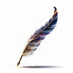 A stylized feather quill with laser light and small particles on a clean white background surface.