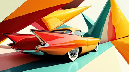 Retro Classic Car in Abstract Geometric Landscape