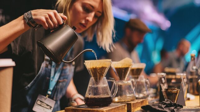 A barista skillfully pours coffee into a filter during a brewing demonstration at a coffee event.