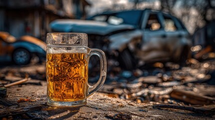 A frosty beer mug sits in the foreground, with a blurred, abandoned vehicle and debris creating an urban backdrop.